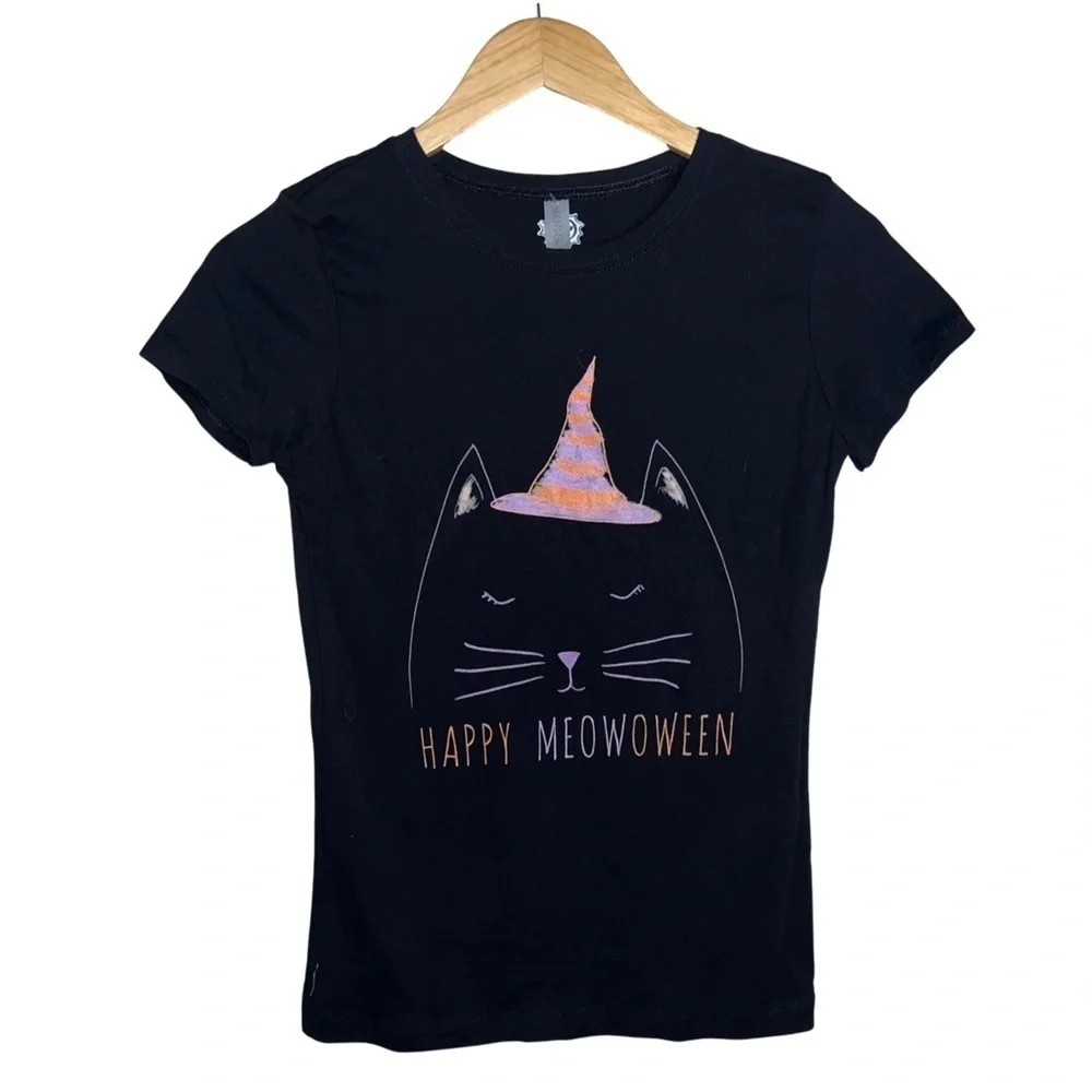 3/$25 🍄 Fifth Sun Black 'Happy Meowoween' Cat Tee Girls NWT Size XL 14-16
